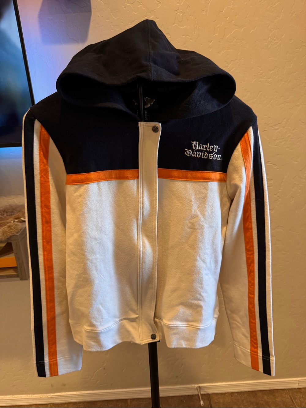 Y2K Harley-Davidson Off White, Black & Orange Hooded Zip Sweatshirt